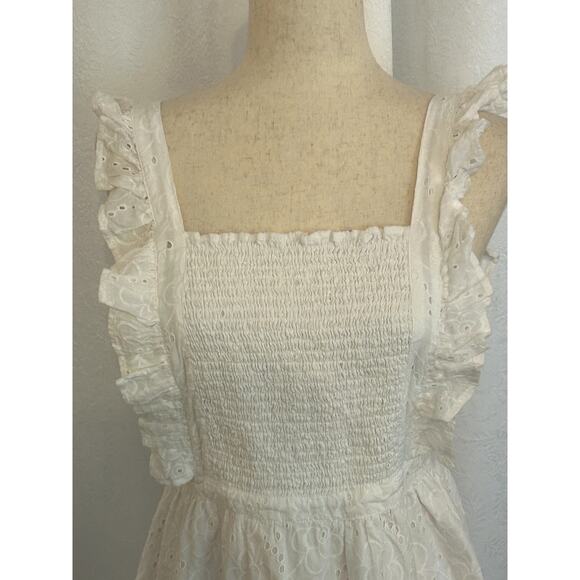 NWT Lulus White Ruffle Pinafore 100% Cotton Mini Dress Smocked Top Size M - Picture 2 of 11
